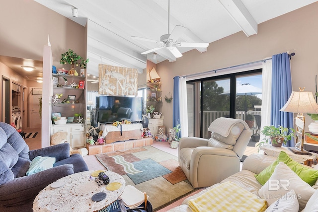 living room with carpet, vaulted ceiling with beams, and ceiling fan