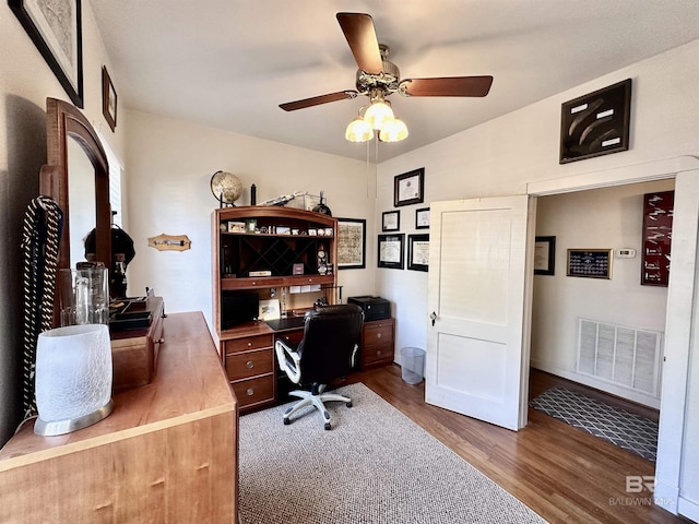 office space with ceiling fan and wood-type flooring