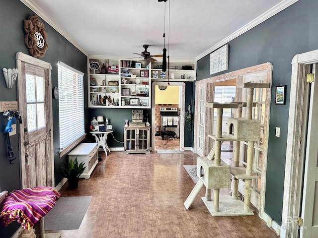 interior space with built in shelves, ceiling fan, plenty of natural light, and ornamental molding