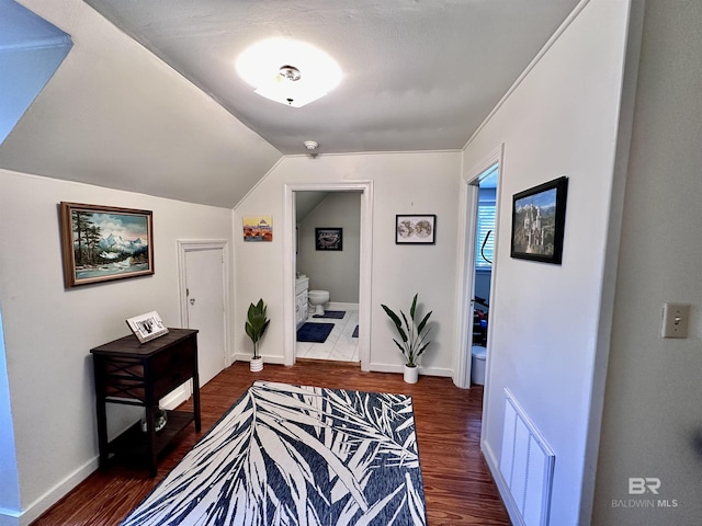 interior space featuring dark hardwood / wood-style floors and lofted ceiling