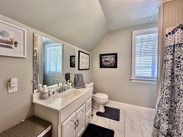 bathroom featuring vanity, toilet, and lofted ceiling