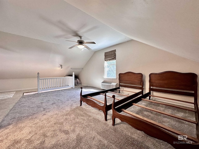 carpeted bedroom with a wall mounted air conditioner, ceiling fan, and lofted ceiling