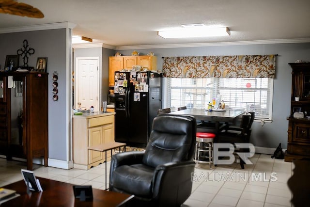 kitchen featuring light brown cabinetry, light tile patterned floors, crown molding, and black refrigerator with ice dispenser