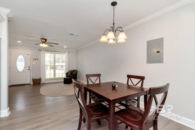 dining space with electric panel, baseboards, visible vents, ornamental molding, and wood finished floors