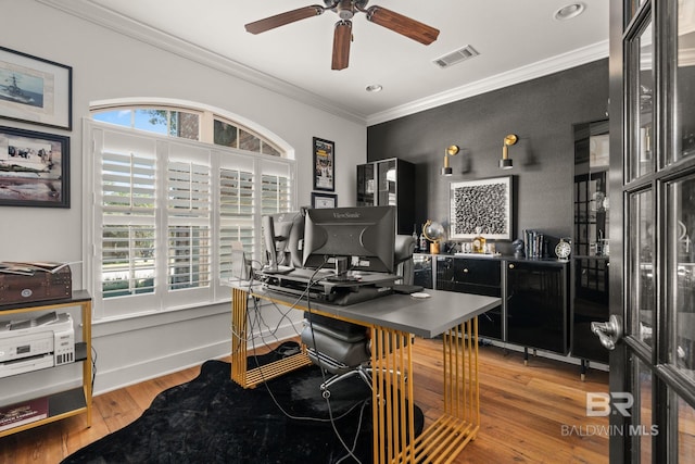 office with crown molding, ceiling fan, and wood-type flooring