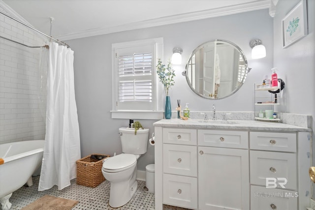 20 Hurlbert St, Mobile, AL 36607 - bathroom with ornamental molding, toilet, a soaking tub, vanity, and a shower with shower curtain