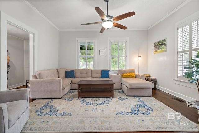 20 Hurlbert St, Mobile, AL 36607 - living area with wood finished floors, a ceiling fan, ornamental molding, and baseboards