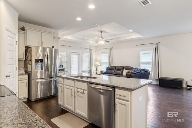 9393 Impala Dr, Foley, AL 36535 - kitchen with visible vents, a sink, a tray ceiling, open floor plan, and appliances with stainless steel finishes