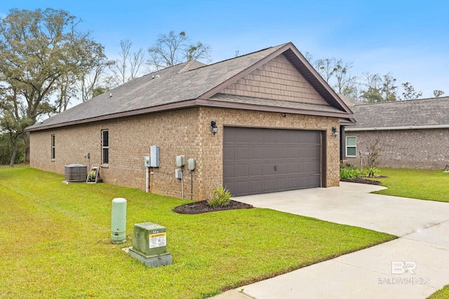 view of property exterior featuring cooling unit, driveway, and a lawn