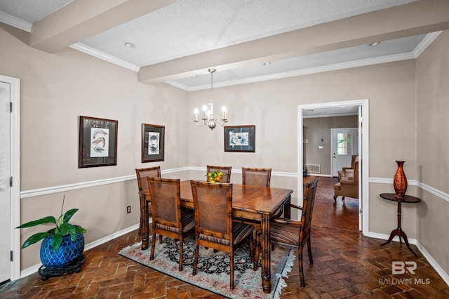 dining area with beam ceiling, crown molding, a notable chandelier, and a textured ceiling