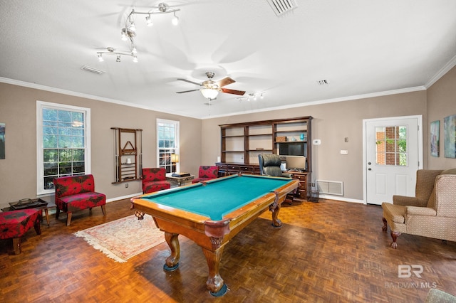 rec room featuring a wealth of natural light, crown molding, pool table, and ceiling fan