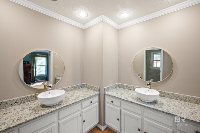 bathroom featuring vanity, a textured ceiling, and ornamental molding