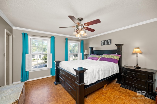 bedroom with ornamental molding, a textured ceiling, light parquet flooring, and ceiling fan