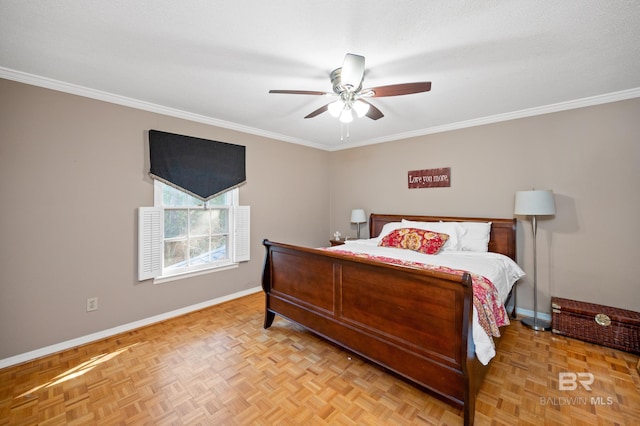 bedroom featuring ornamental molding, parquet floors, a textured ceiling, and ceiling fan