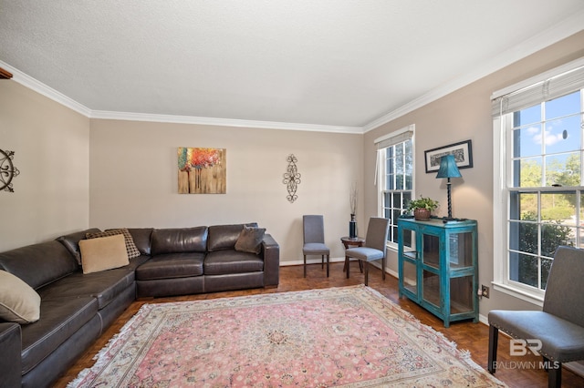 living room featuring ornamental molding, hardwood / wood-style flooring, and a textured ceiling