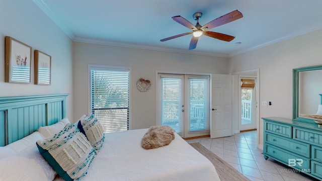 bedroom with light tile patterned flooring, ornamental molding, access to outside, ceiling fan, and french doors