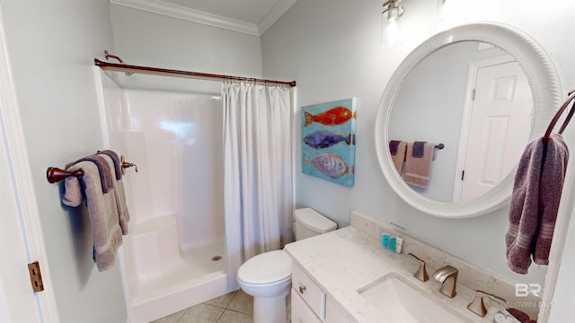 bathroom featuring toilet, a shower with curtain, ornamental molding, vanity, and tile patterned flooring