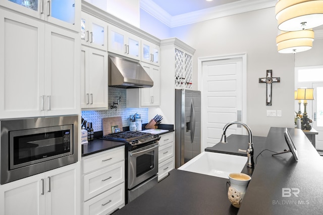 kitchen with backsplash, ventilation hood, white cabinets, sink, and appliances with stainless steel finishes