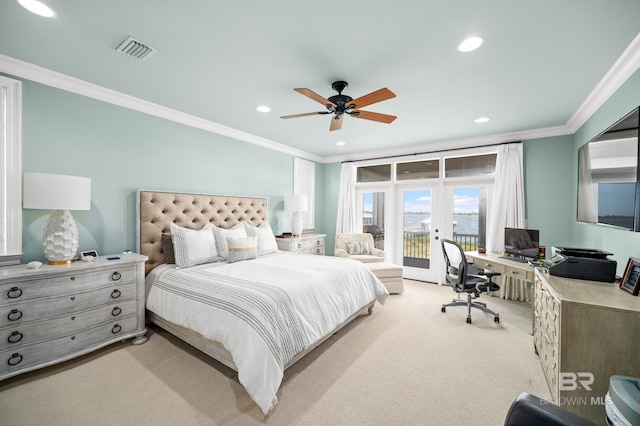 bedroom with access to exterior, french doors, light colored carpet, ceiling fan, and crown molding