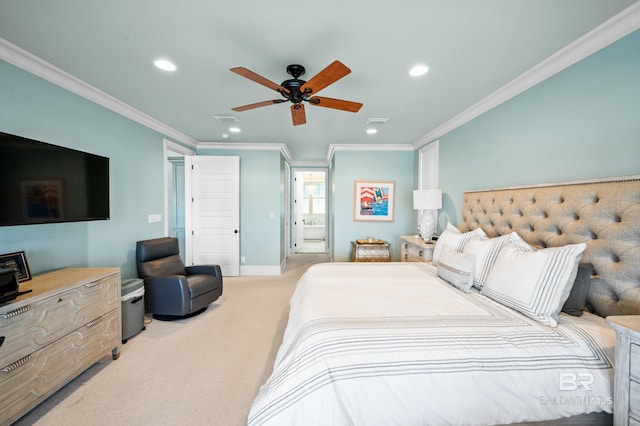 bedroom featuring ceiling fan, ornamental molding, and light carpet