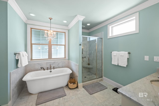 bathroom with a chandelier, vanity, independent shower and bath, and ornamental molding