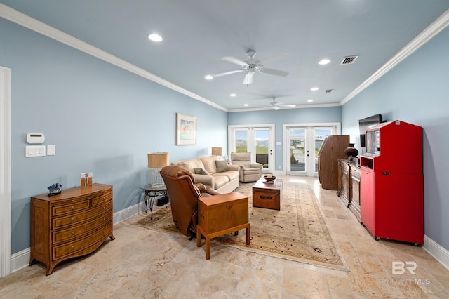 living room featuring crown molding, french doors, and ceiling fan