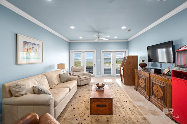 living room featuring ceiling fan, ornamental molding, and french doors