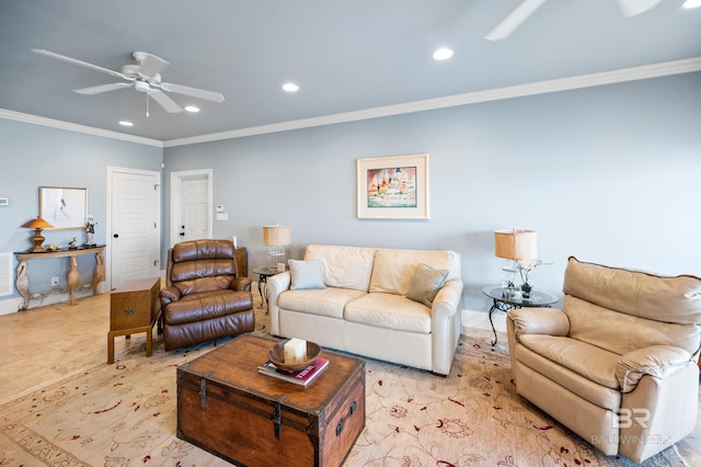 living room with crown molding and ceiling fan