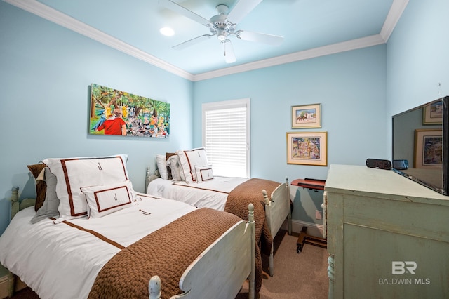 bedroom with ceiling fan, crown molding, and light colored carpet