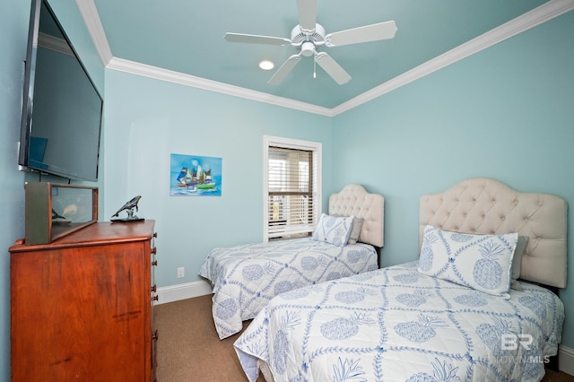 bedroom with carpet, ceiling fan, and crown molding