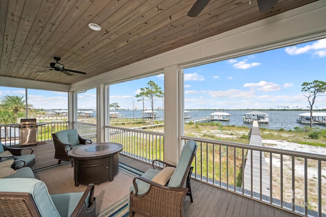 sunroom featuring ceiling fan, a water view, and wooden ceiling