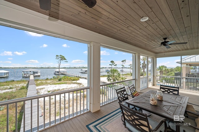 sunroom featuring a water view and wood ceiling