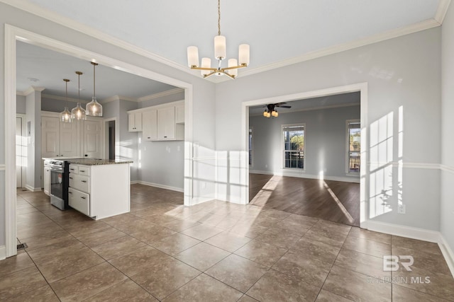 kitchen featuring baseboards, stainless steel electric range, white cabinetry, and crown molding