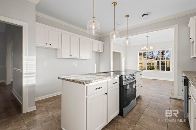 kitchen with electric stove, ornamental molding, light stone countertops, and white cabinets