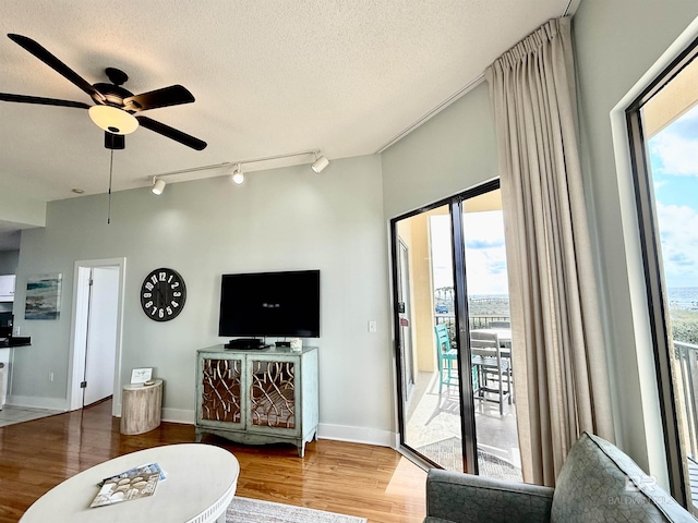 living area featuring a ceiling fan, rail lighting, wood finished floors, and baseboards