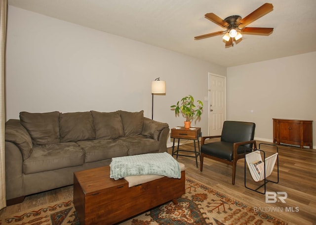 living room with ceiling fan and wood-type flooring