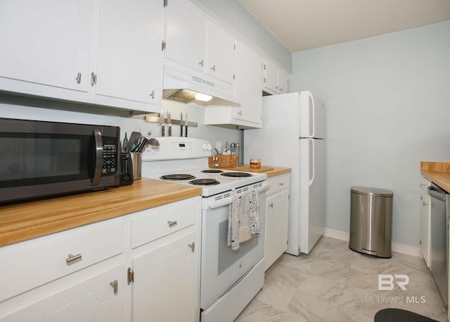 kitchen with white appliances and white cabinets