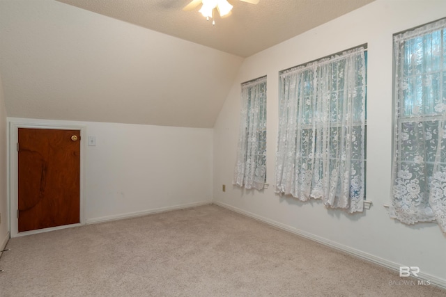 additional living space with carpet floors, baseboards, vaulted ceiling, and a textured ceiling