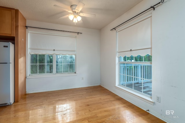 empty room with light wood-style flooring, a textured ceiling, a ceiling fan, and a wealth of natural light