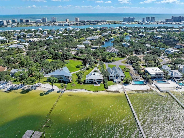 drone / aerial view with a water view