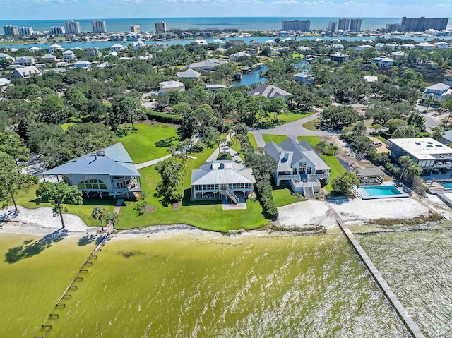 bird's eye view with a water view