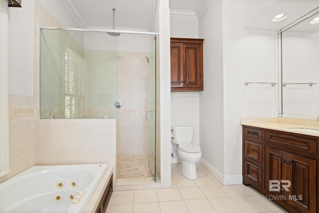 full bathroom with tile patterned floors, toilet, shower with separate bathtub, ornamental molding, and vanity