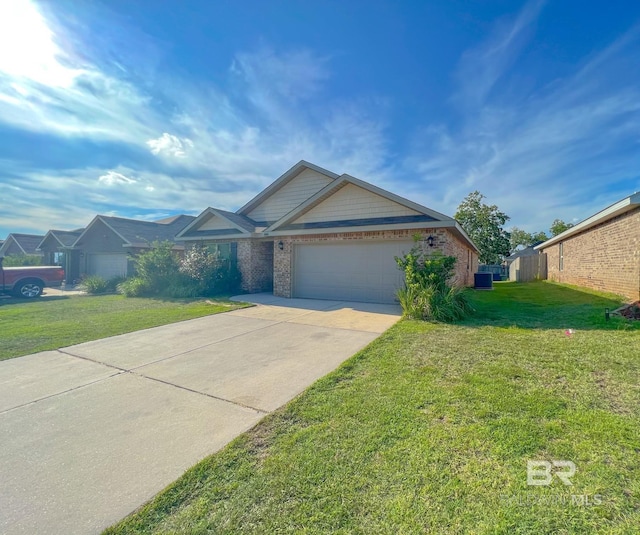 ranch-style home with a garage and a front yard