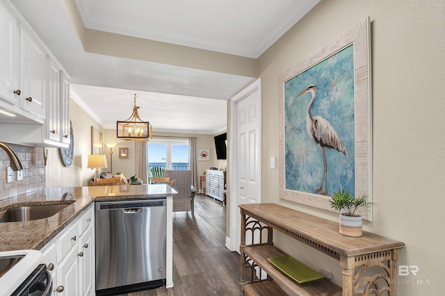 969 W Beach Blvd Unit 1306, Gulf Shores, AL 36542 - kitchen featuring stainless steel dishwasher, a sink, stone counters, white cabinets, and ornamental molding