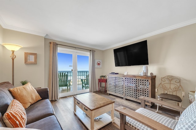 969 W Beach Blvd Unit 1306, Gulf Shores, AL 36542 - living room featuring wood finished floors and crown molding