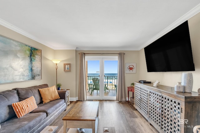 969 W Beach Blvd Unit 1306, Gulf Shores, AL 36542 - living area featuring light wood-style flooring, baseboards, and crown molding