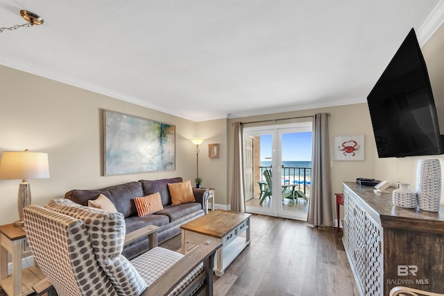 969 W Beach Blvd Unit 1306, Gulf Shores, AL 36542 - living area featuring wood finished floors, ornamental molding, and baseboards