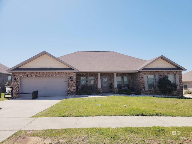 single story home featuring a front lawn and a garage