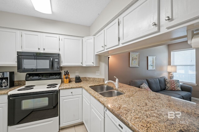 kitchen with white cabinets, kitchen peninsula, a textured ceiling, white electric range, and sink