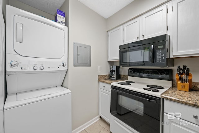 kitchen featuring white cabinets, electric panel, a textured ceiling, stacked washing maching and dryer, and white range with electric cooktop